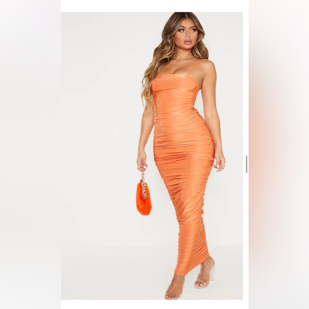 Orange Strappy Slinky Ruched Back Maxi Dress from PLT